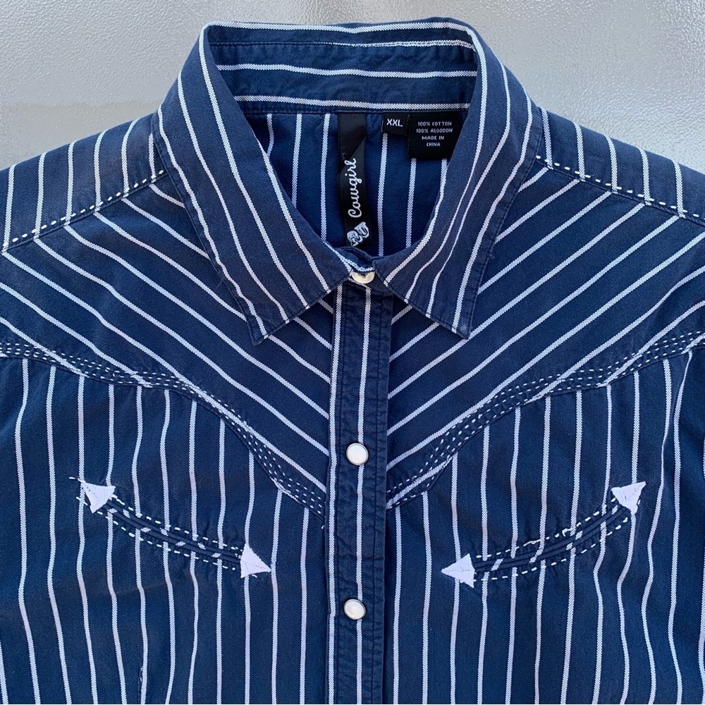 RU Cowgirl Blue Contrast Stitched Pearl Snap Button Western Shirt ~ Women’s XXL